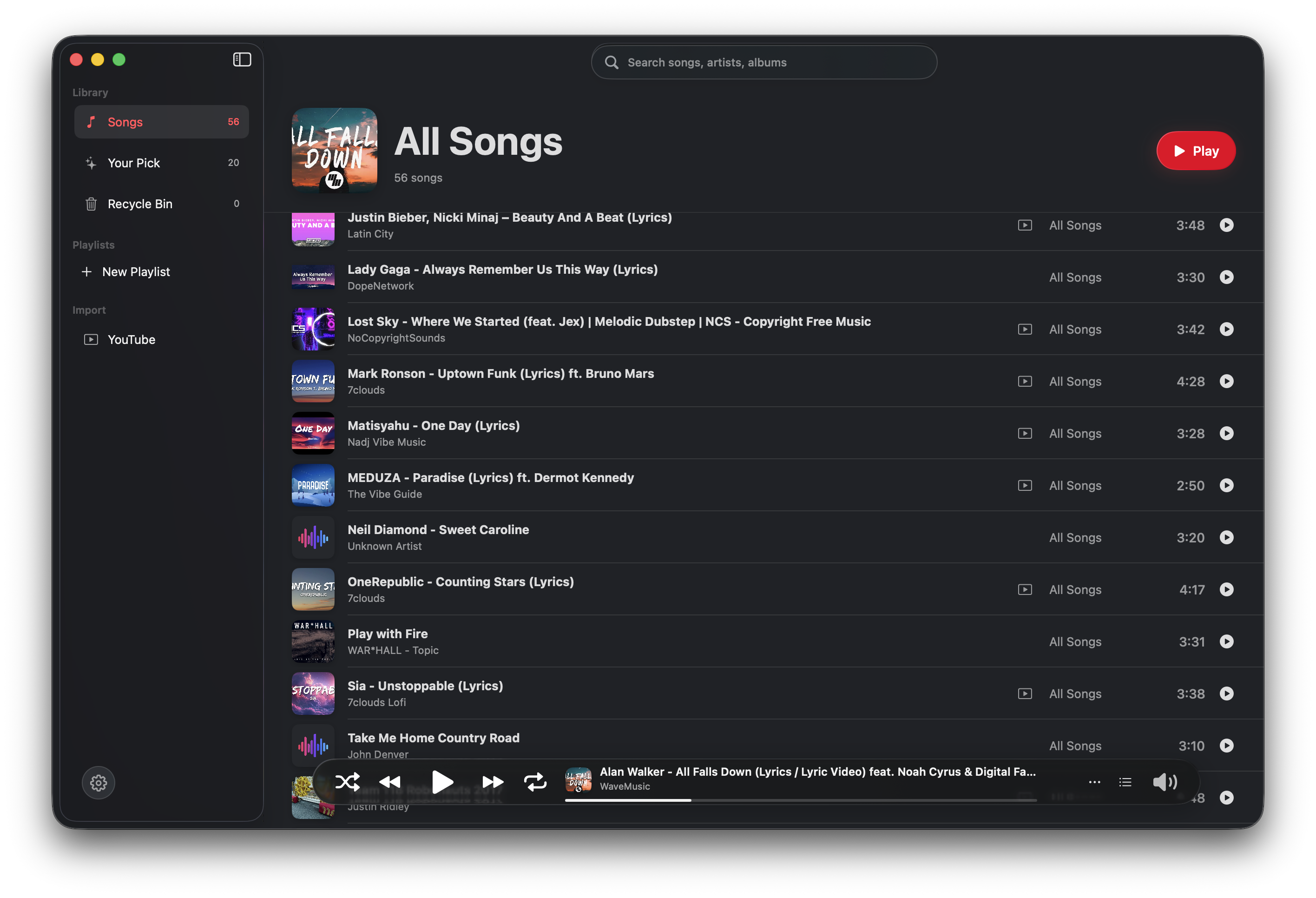 Music app All Songs library view