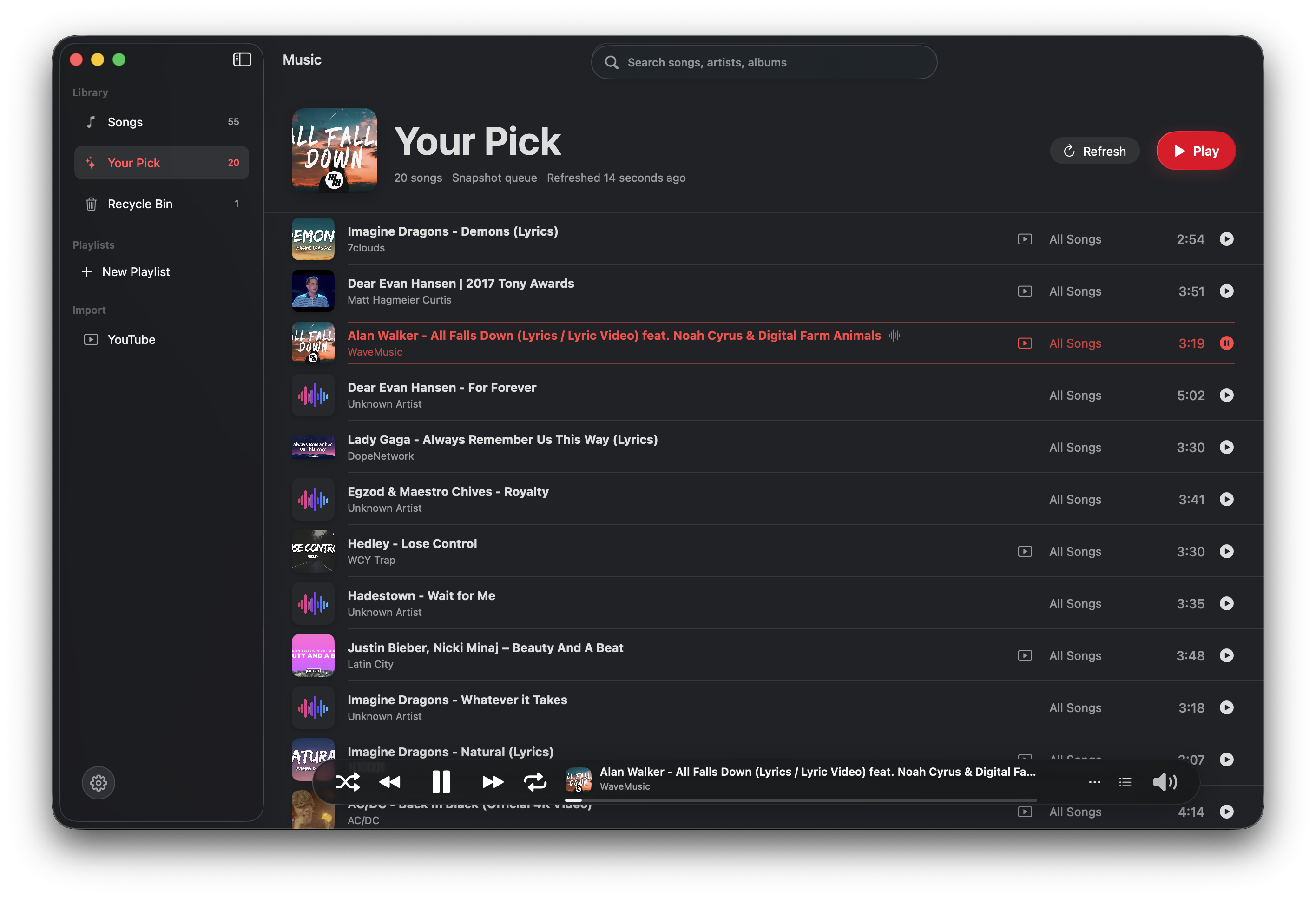 Stylized Music Your Pick view with the recommendation queue visible