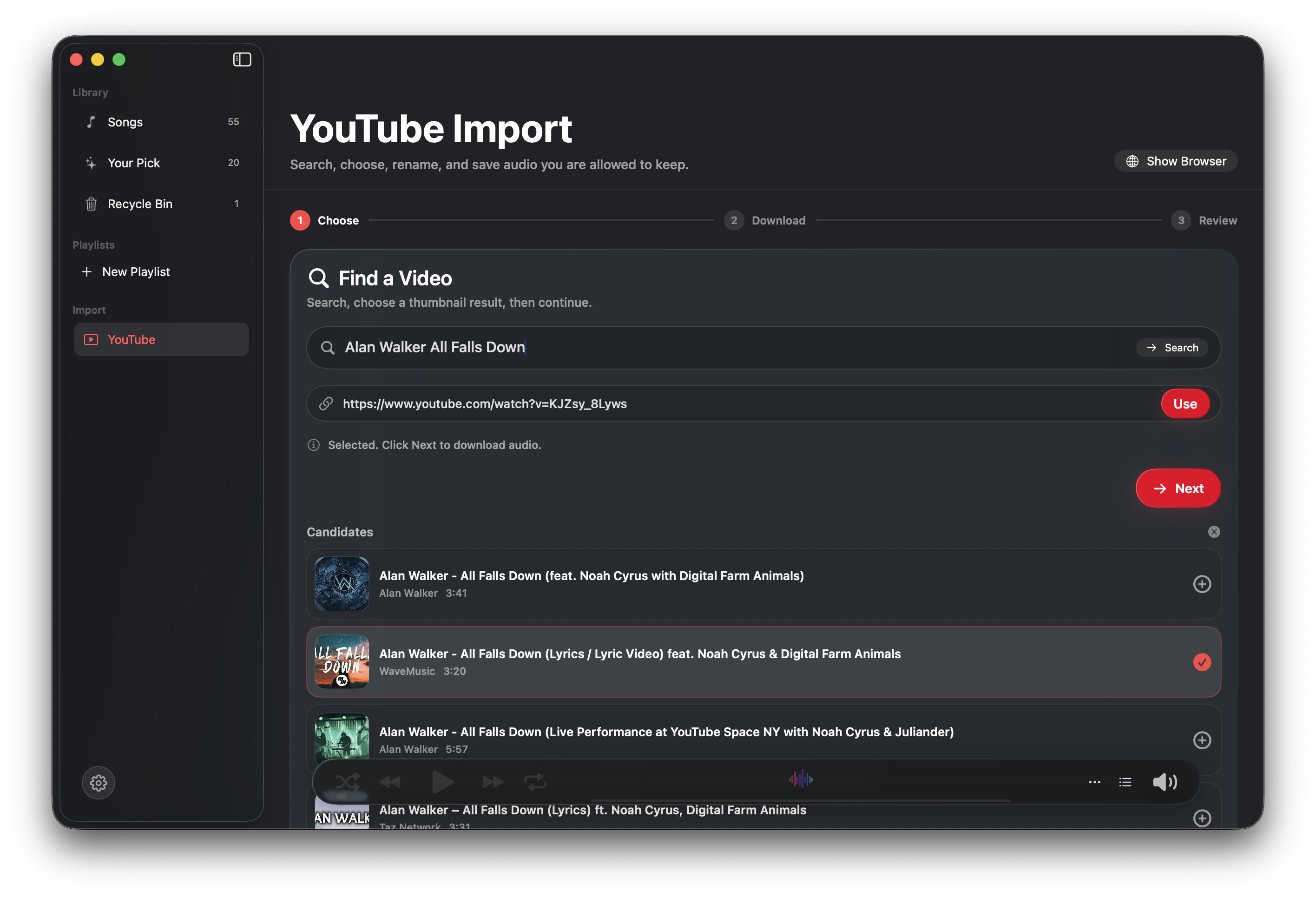 YouTube Import choose step with search results and a selected video