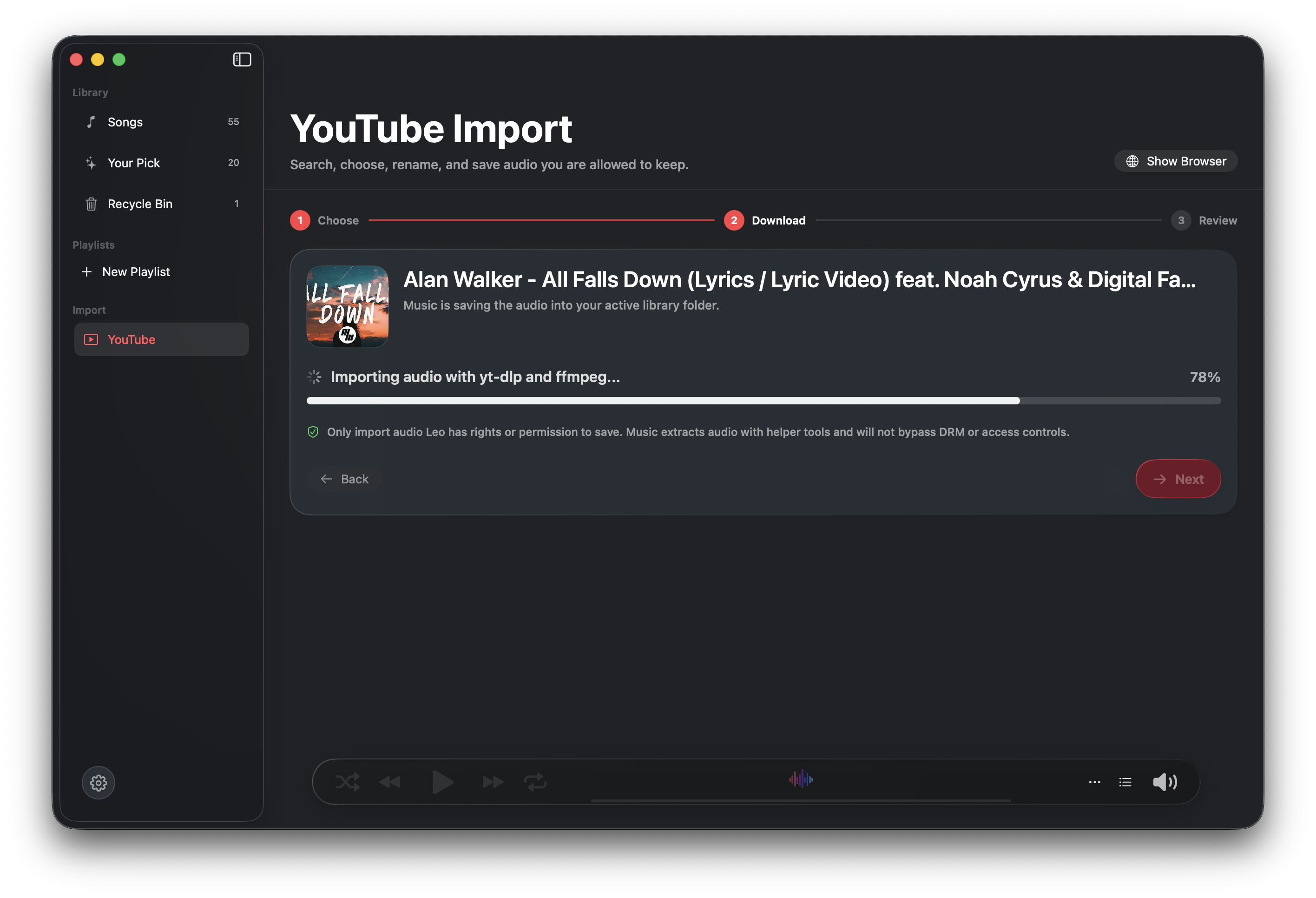 YouTube Import download step with progress bar