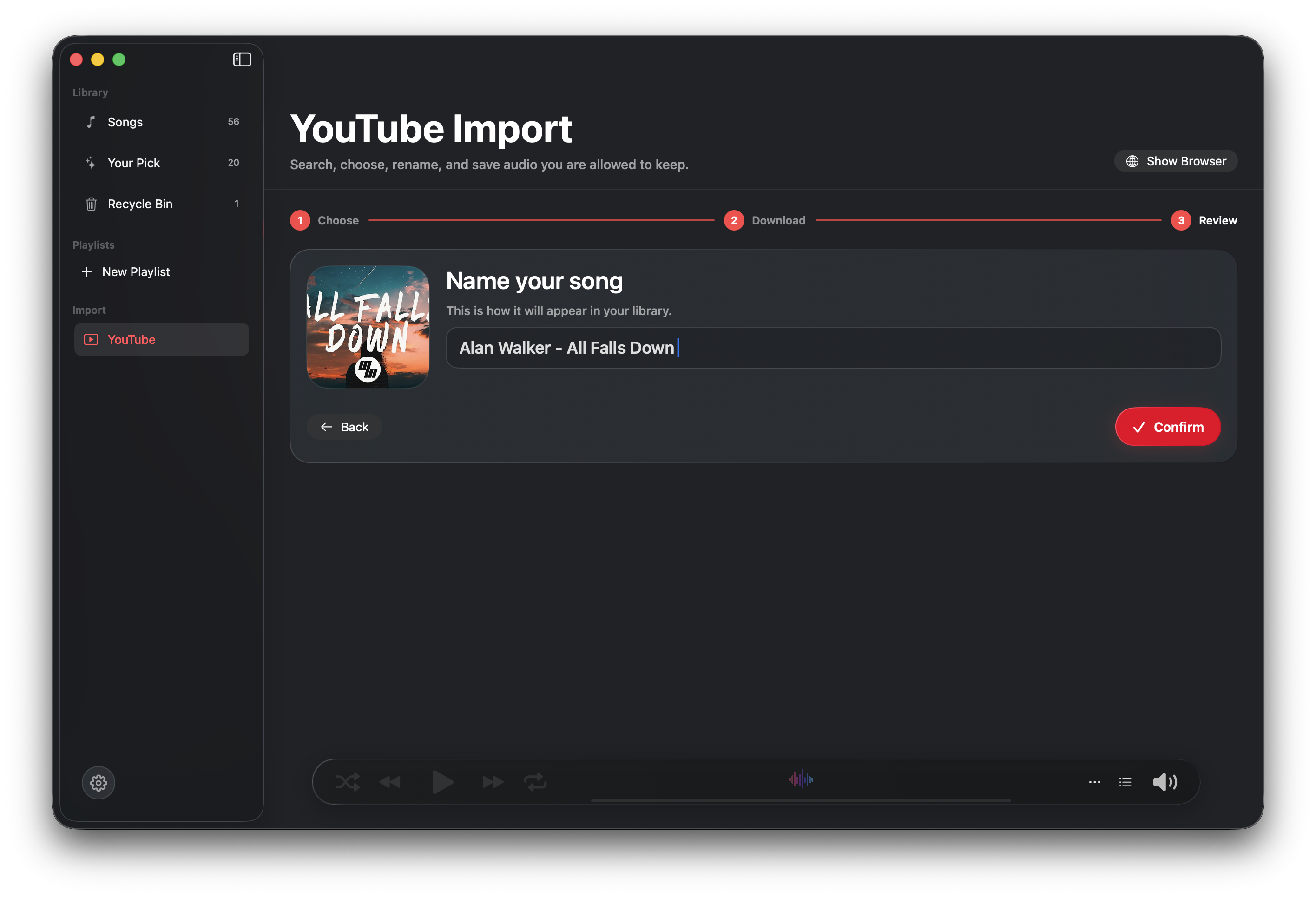 YouTube Import review step for renaming the imported song
